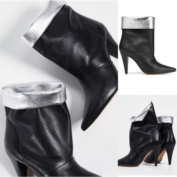 IRO Avina Leather Fold Over Mid Calf Boots In Black Silver Heels Size 7 NEW - Picture 15 of 15